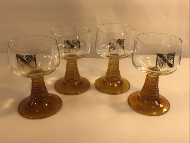 Set of 4 Vintage Roemer Wine Goblet Amber Beehive Ribbed Glass Stem,N Monogram