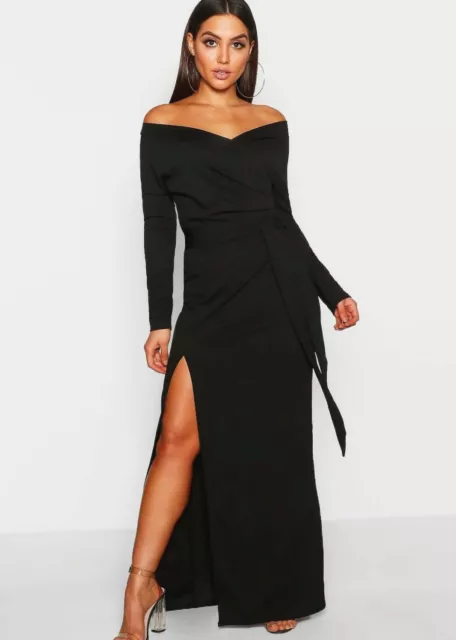 boohoo off shoulder maxi dress UK 10 womens black belted side slit evening party