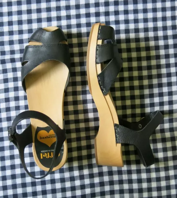 SWEDISH HASBEENS SUZANNE Debutant leather sandals peep toe low black EU ...