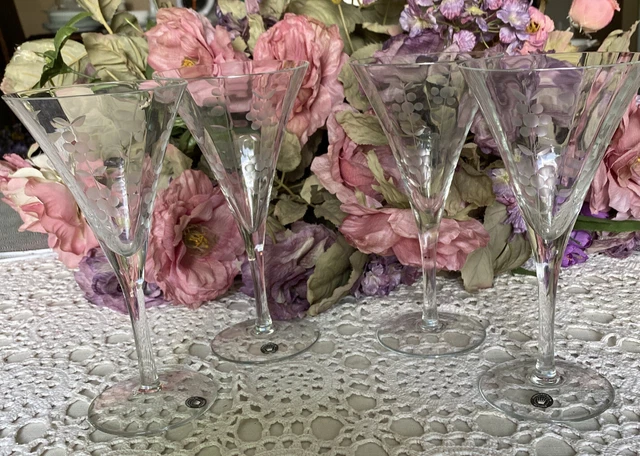 Floral Etched Panel Glass Wine Cocktail  FluteChampagne StemWare Romania Set 4