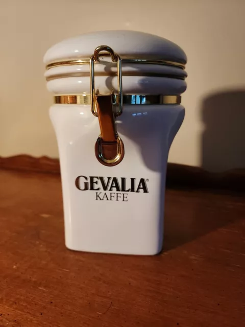 Gevalia Kaffe Canister Storage Jar White Ceramic Gold Toned Coffee Holder