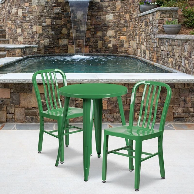 Commercial Grade 24" Round Green Metal Indoor/Outdoor Table Set w/2 Vertical Sla
