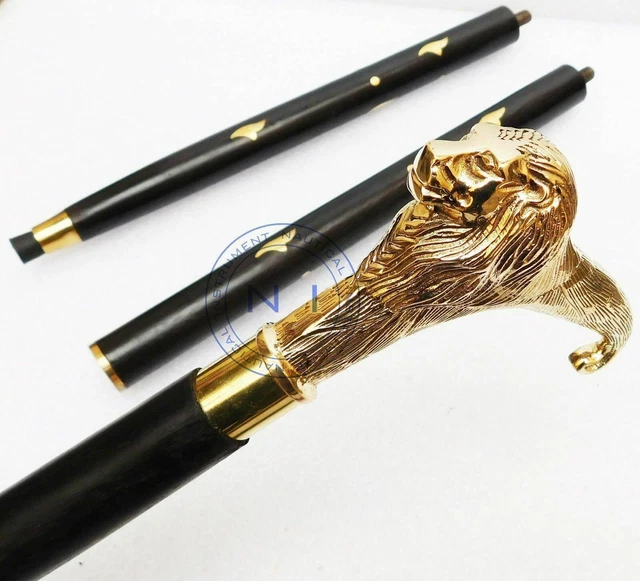 Solid Brass Lion head Handle Vintage Designer Wooden Walking Stick Cane Antique