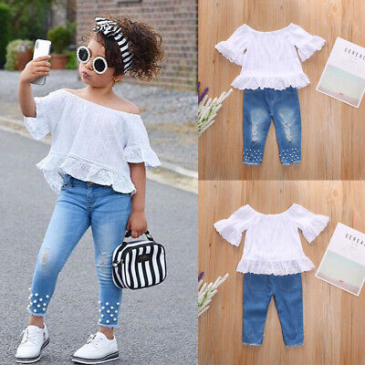Toddler Infant Baby Girl Summer Clothes Set Lace Tops Shirt Denim Pants Outfits