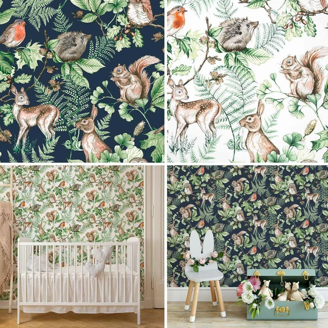 WOODLAND ANIMALS WALLPAPER Nature Forest Leaves Trees Navy Green