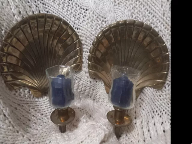 Pair Vintage Hollywood Regency Brass/Glass Scallop Shell Wall Candle Sconces