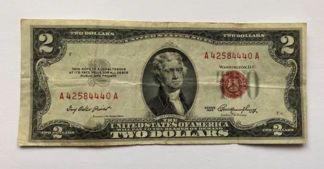 Two Dollar 1953 $2 Bill 1953 Fancy Serial Number Double A42584440A Note