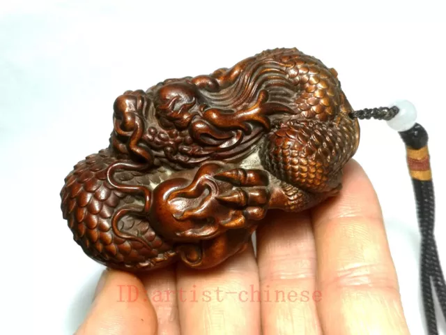 7 CM Old Japanese Boxwood hand carved Dragon Statue netsuke desk Decoration Gift