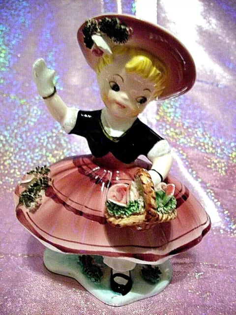 🎁i💗RARE VTG Japan Pink Ruffle Bloomer Shopper Girl Waves Holds Basket of Roses