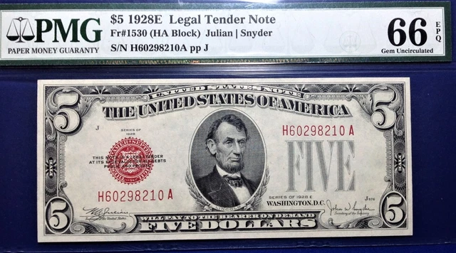 1928E $5 Legal Tender Note Fr-1530 PMG66 Gem EPQ