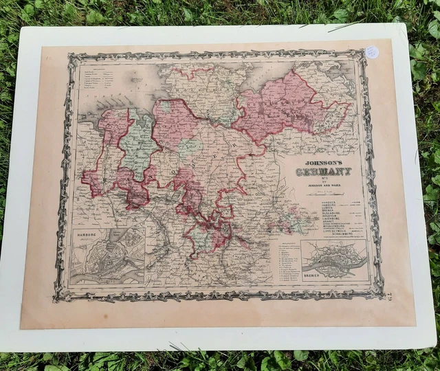 1863 Johnson & Ward Hand Colored Atlas Map of Germany 24x17" Civil War Era Map