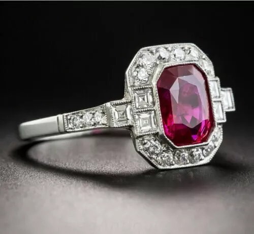 Edwardian 3Ct Emerald Cut Red Ruby CZ Diamonds Women Ring 14K White Gold Finish