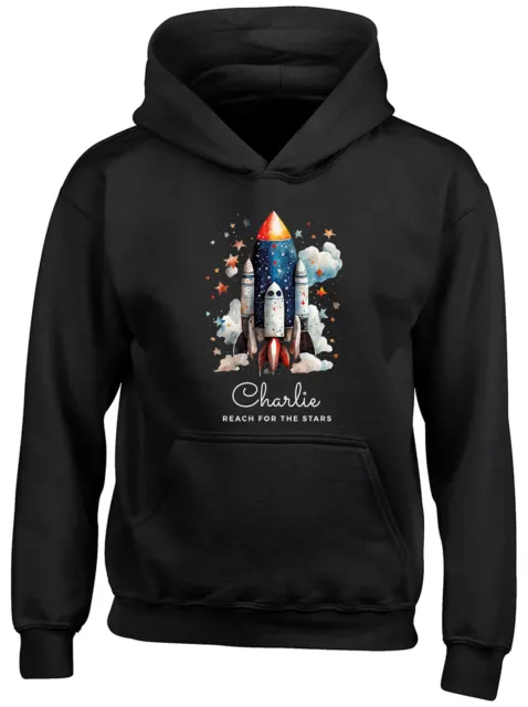 Personalised Reach for the Stars Kids Hoodie Space Rocket Galaxy Universe Top