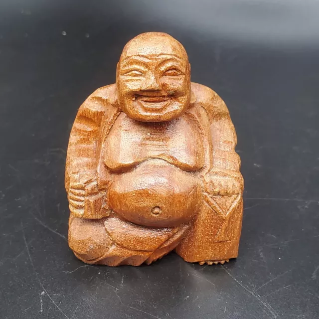 Carved Wooden Buddha Happy & Smiling Seated Vintage Folk Hand Carved Statue 2.5"