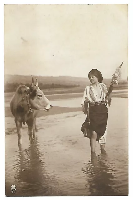 Lovely Woman Carrying Weaving Loom, Walking in Water, Romania, Postcard, 1900's