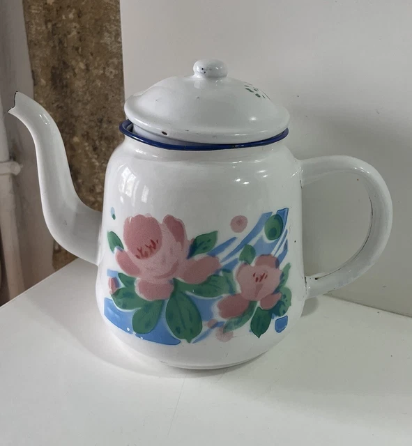 ANCIEN PICHET BROC tole émaillée décor fleurs poignée forme bambou B. Frères EUR 30,00 - FR