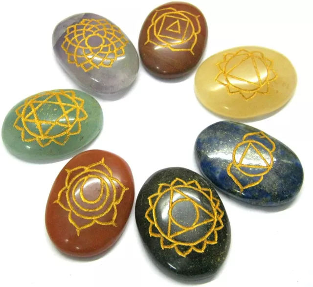 GENUINE 7 Chakra Gemstone Set Engraved Crystal Healing Reiki Charged stones uk