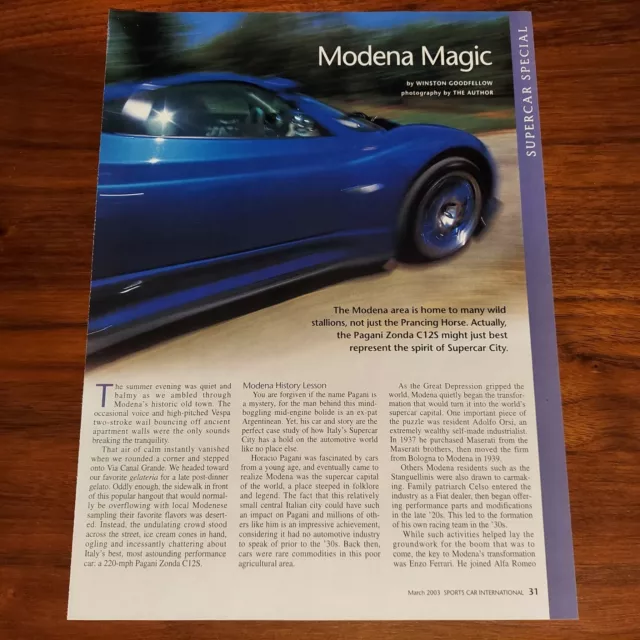 Pagani Zonda C125 Magazine Article Modena Maserati Ferrari Lamborghini De Tomaso