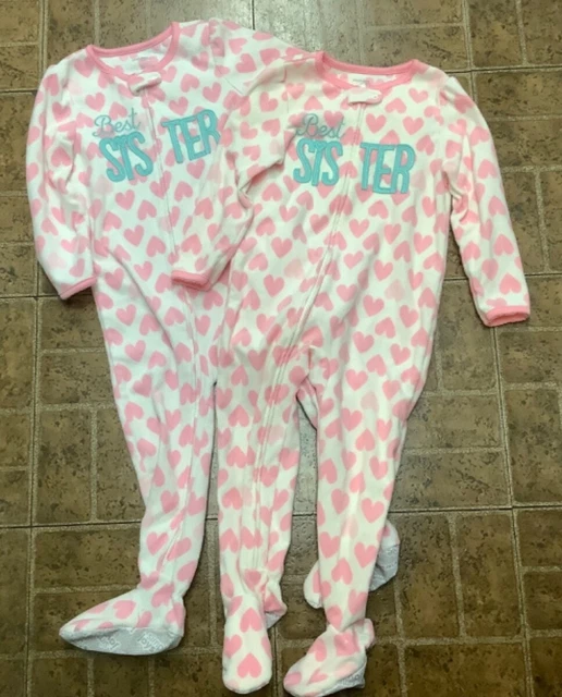 Lot of 2 Carter's Toddlers 3T Girls Fleece BEST SISTER Footed Pajamas Light Wear