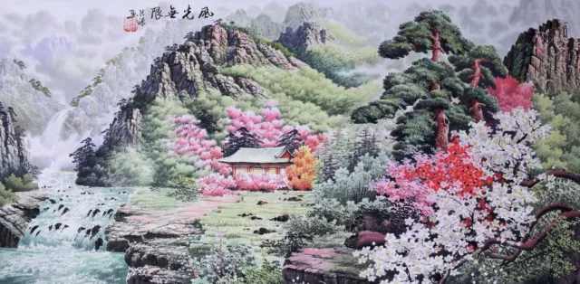 ORIENTAL ASIAN ART CHINESE FAMOUS SANSUI WATERCOLOR PAINTING-Landscape&house