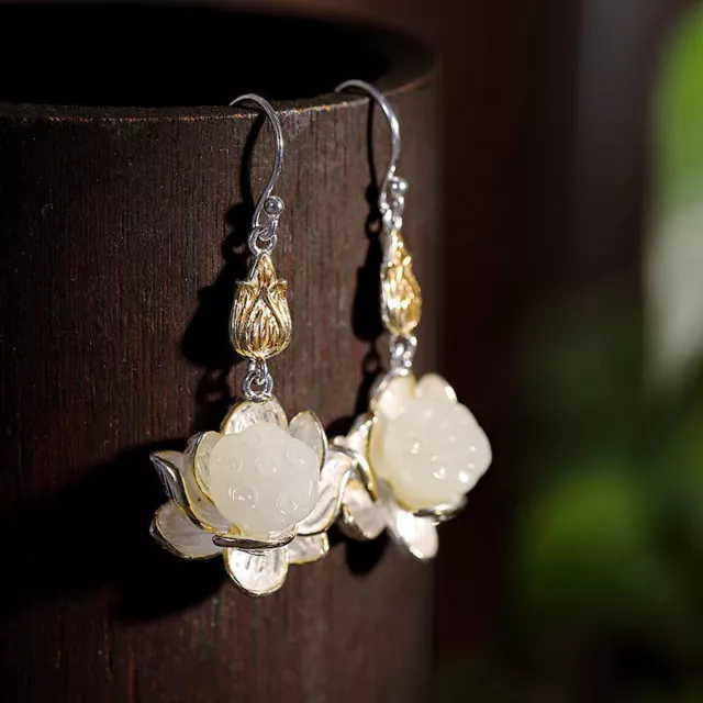 White Jade Lotus Earrings Carved Natural Jewelry Chalcedony 925 Silver Women