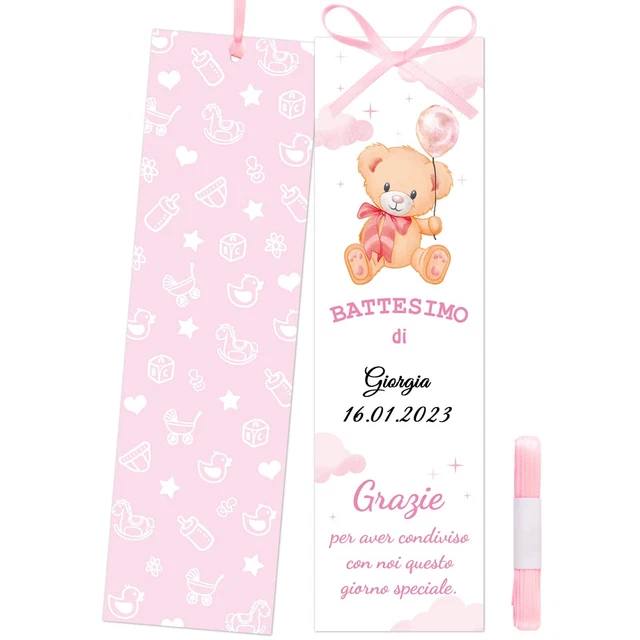 Dolplp! 50pz Segnaposto Battesimo Bimbo, Bomboniere Battesimo Maschio Segnalibri con Nastro, Allestimento Decorazioni Battesimo Bimbo Ringraziamento Addobbi Bigliettini