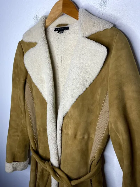 $1998 Theory Small Shearling Jacket Belt Wrap Western Leather Ranch Coat Fur VTG