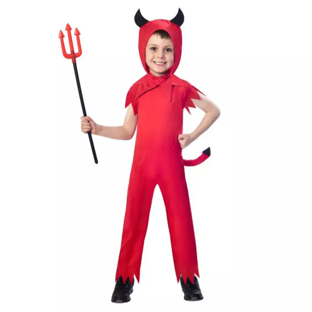 Ragazzi Bambini Diavolo Satana Tuta con Corna Coda Halloween Classico Costume