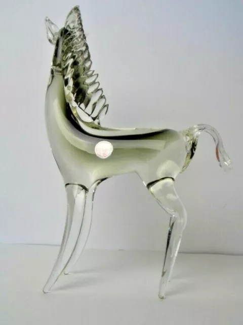 Murano Italy Glass Horse Hand Blown Clear Smokey Green Marked 10 1/4in/26cm High 3