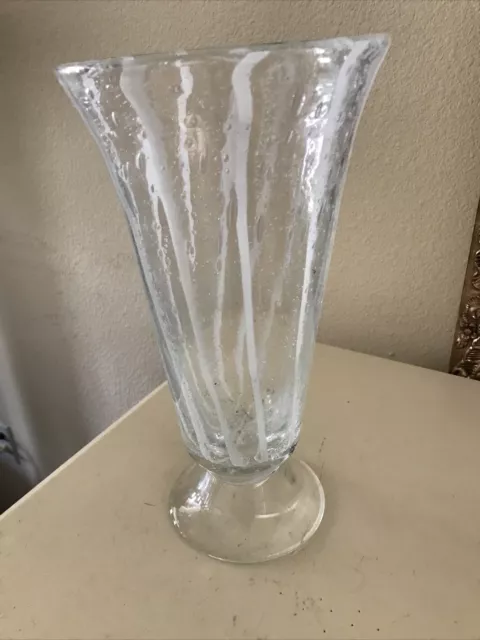 Art Glass Vase Hand blown Clear Glass White Swirl Controlled Bubbles. 12” tall.