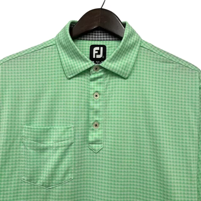 Footjoy FJ Men's Golf Polo Shirt Green Checkered Pocket Polyester Short Sleeve L