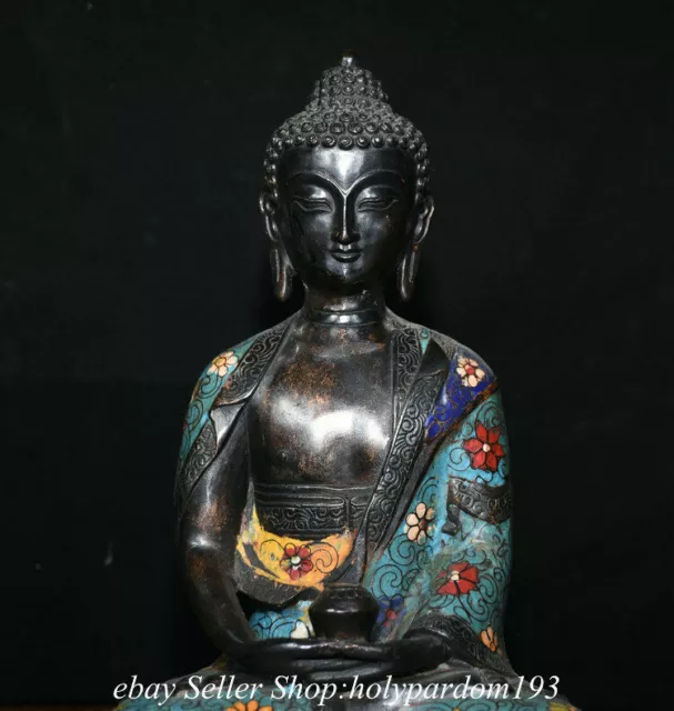 11.6“ Old China Bronze Cloisonne Seat Shakyamuni Amitabha Buddha  Statue 2