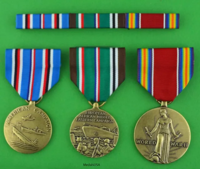 WWII European African, American Theater Service - 3 Medals & Mounted Ribbon Bar