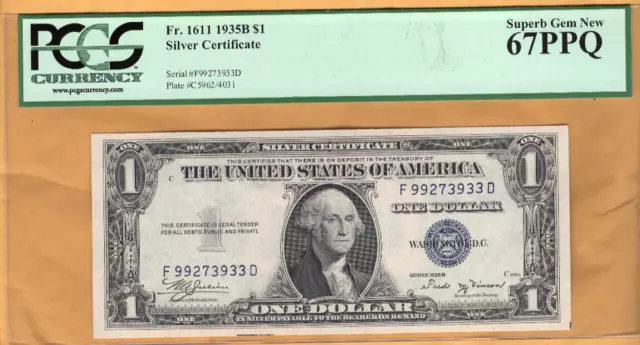 rare $1 Series 1935B Silver Certificate in PCGS Superb Gem New 67PPQ slab