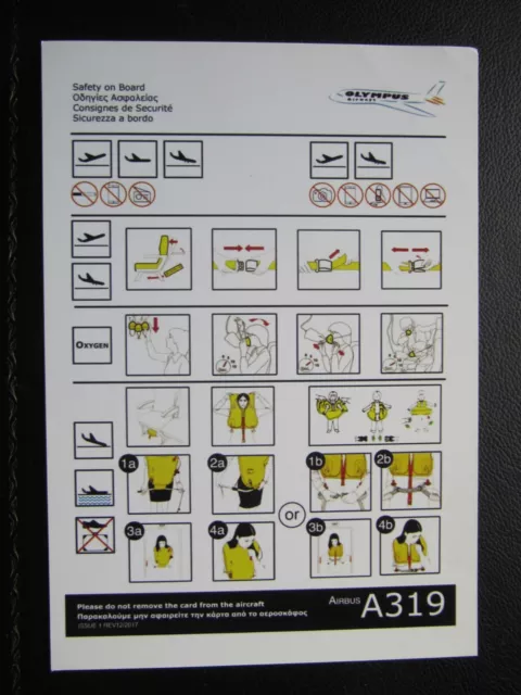 OLYMPUS AIRWAYS safety card Airbus A-319 edition 12/2017