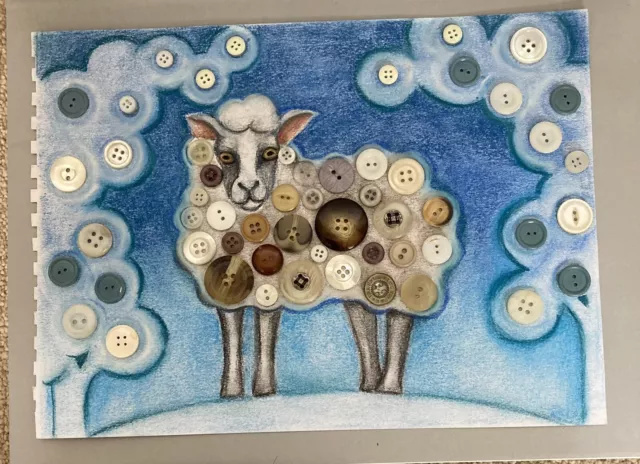 Original Art Sheep Mixed Media Pastels Pen and Buttons 21cm X 29cm