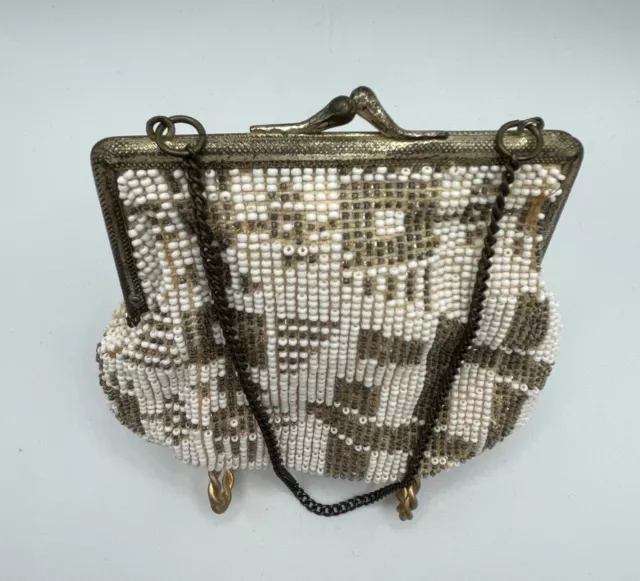 Antique 1900s micro glass beaded Art Deco Nouveau flapper bag purse gold-tone