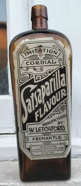 Rare W Letchford Sarsaparilla Cordial bottle Fremantle Western Australia c 1940