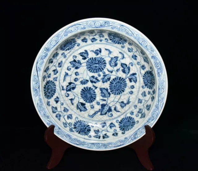 11.4" china old antique yuan dynasty blue white porcelain chrysanthemum plate