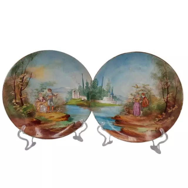 Antique Pair Limoges French Gallants  porcelain hand painted plates STUNNING