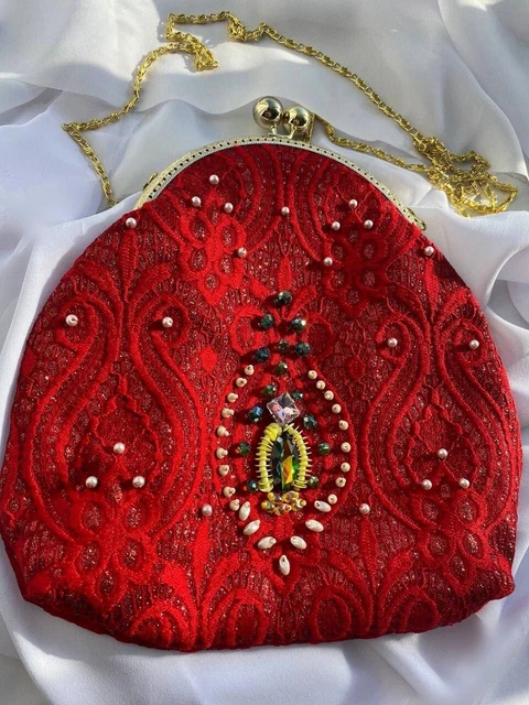 Handmade handbag with a cosmetic bag made of red brocade, decorated with French