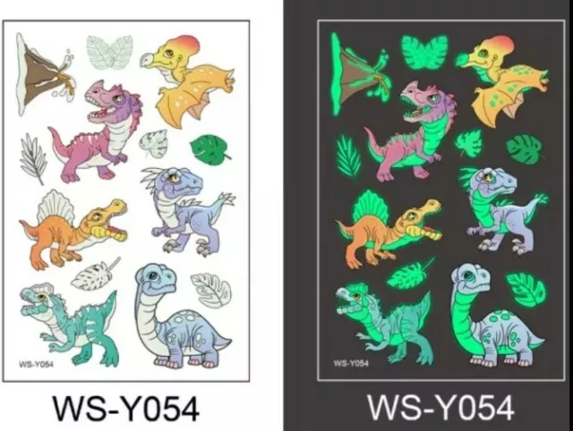 6x Packs DINOSAURS Glow in the dark Temporary Tattoos Boys Party bag fillers UK