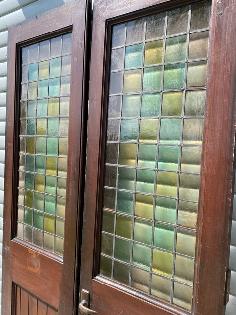 Pair of stained glass internal pine doors - church reclaimed