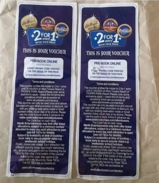 Two 2-for-1 Entry Vouchers Alton Towers or Thorpe Park. Seabrook. Until 31/05/24