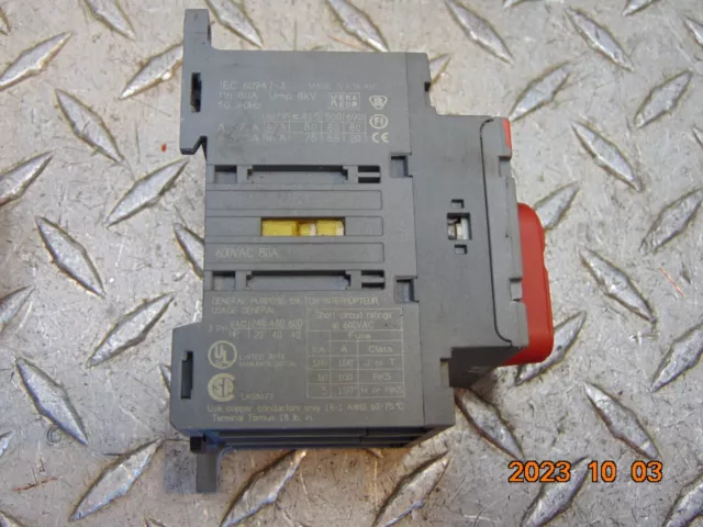 (1) ABB OT63E3 Disconnect Switch Rating: 80A 600VAC DIN Mount 2