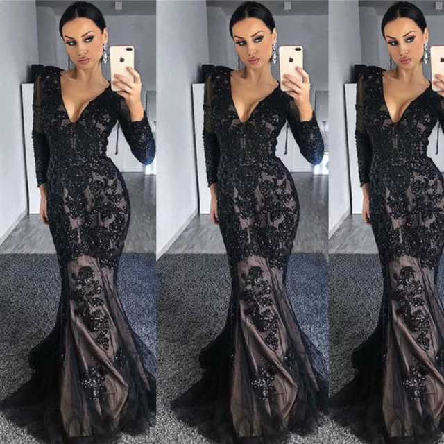 Black Beaded Prom Evening Dresses Mermaid Beaded V Neck Long Sleeve Party Gowns