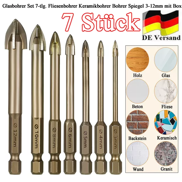 Glasbohrer Set 7-tlg. Fliesenbohrer Keramikbohrer Bohrer Spiegel 3-12mm mit Box