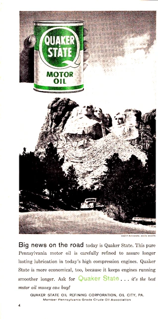 1958 Ouaker State Motor Oil Vintage Print Ad Mount Rushmore Best Money Can Buy