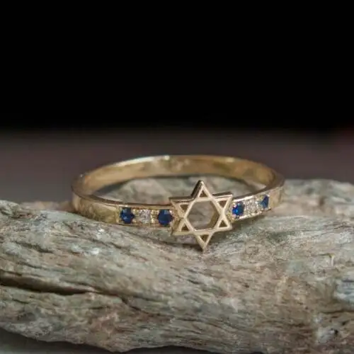 1Ct Round Cut Simulated Sapphire Star of David Women Ring 14K Yellow Gold Plated