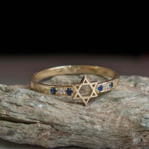 1Ct Round Cut Simulated Sapphire Star of David Women Ring 14K Yellow Gold Plated